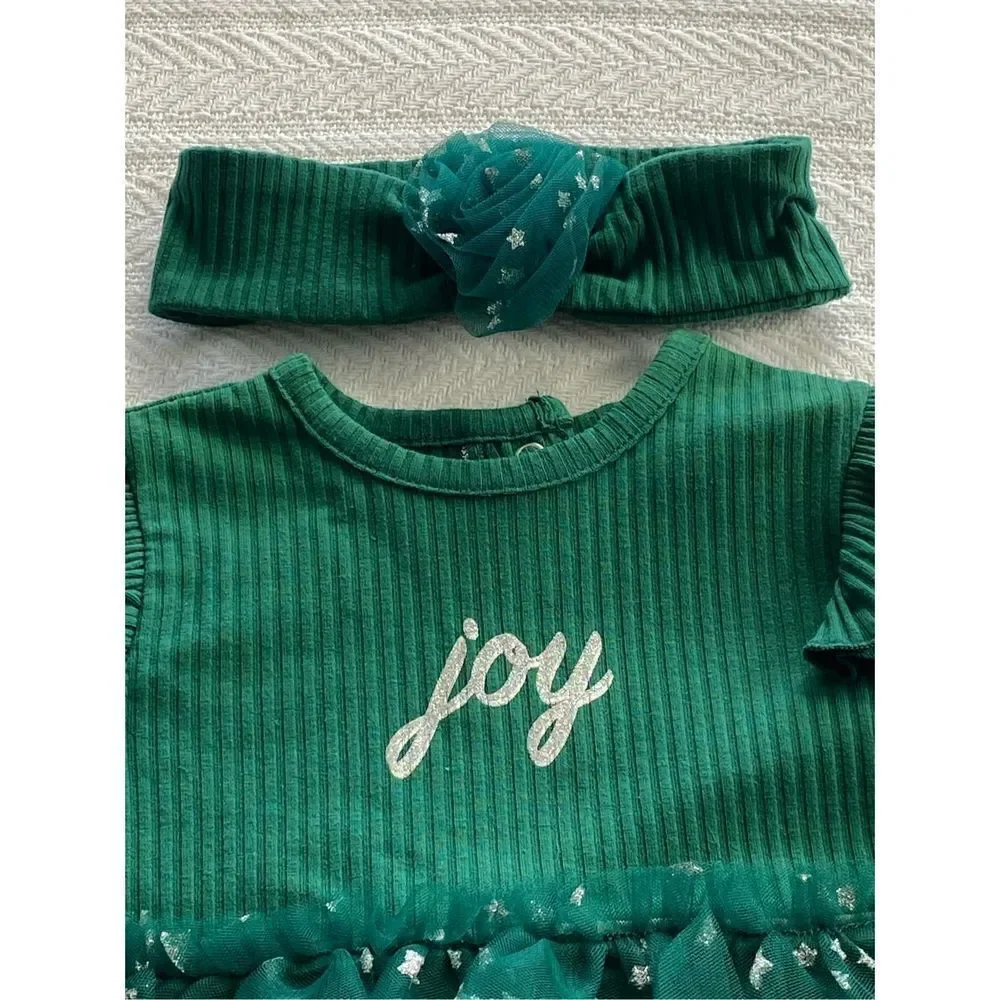 LITTLE ME BABY GIRL 9 MONTH “JOY” GREEN Bodysuit Dress with Matching Headband